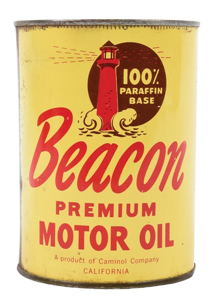 BEACON PREMIUM MOTOR OIL ONE QUART CAN W/ LIGHTHOUSE GRAPHIC. 