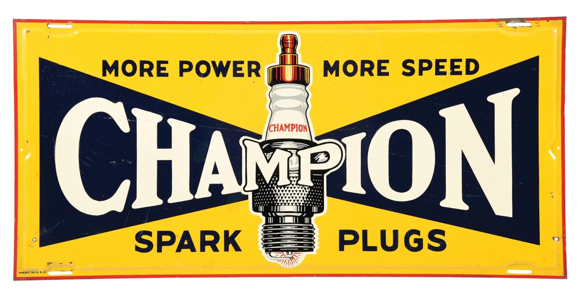 CHAMPION SPARK PLUGS TIN SIGN W/ SPARK PLUG GRAPHIC.