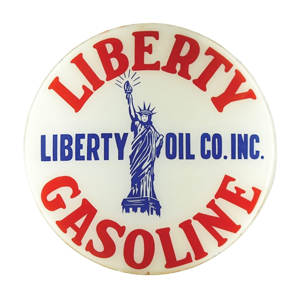 LIBERTY GASOLINE 15" SINGLE GLOBE LENS W/ STATUE OF LIBERTY GRAPHIC. 