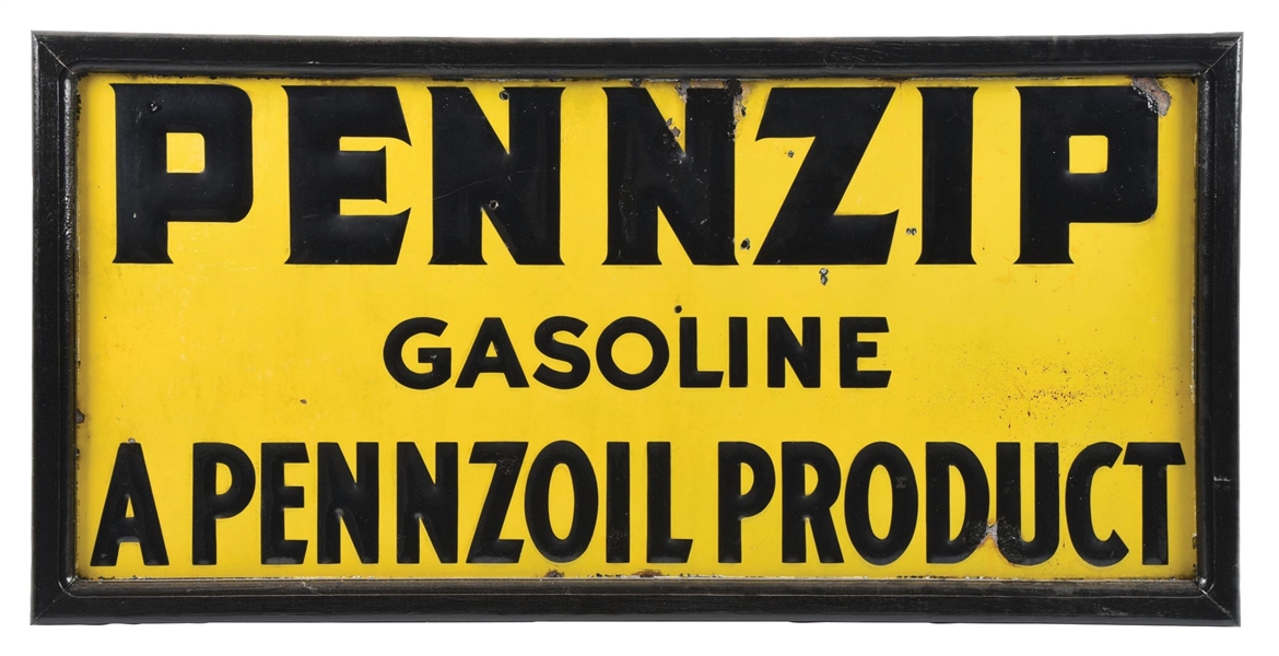 PENNZIP GASOLINE A PENNZOIL PRODUCT EMBOSSED PORCELAIN SIGN W/ WOOD FRAME.