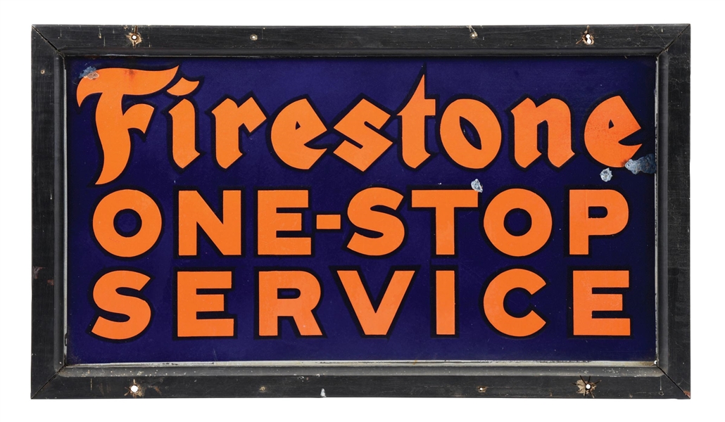 FIRESTONE ONE-STOP SERVICE PORCELAIN SIGN W/ WOOD FRAME.