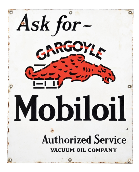 MOBILOIL ASK FOR GARGOYLE PORCELAIN CABINET SIGN.