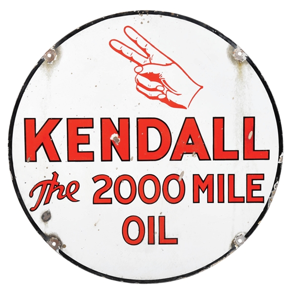 KENDALL THE 2000 MILE OIL PORCELAIN SIGN.