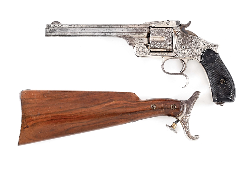 (A) ATTRACTIVE ENGRAVED ORBEA HERMANOS NO. 3 SINGLE ACTION REVOLVER WITH MATCHING SHOULDER STOCK.