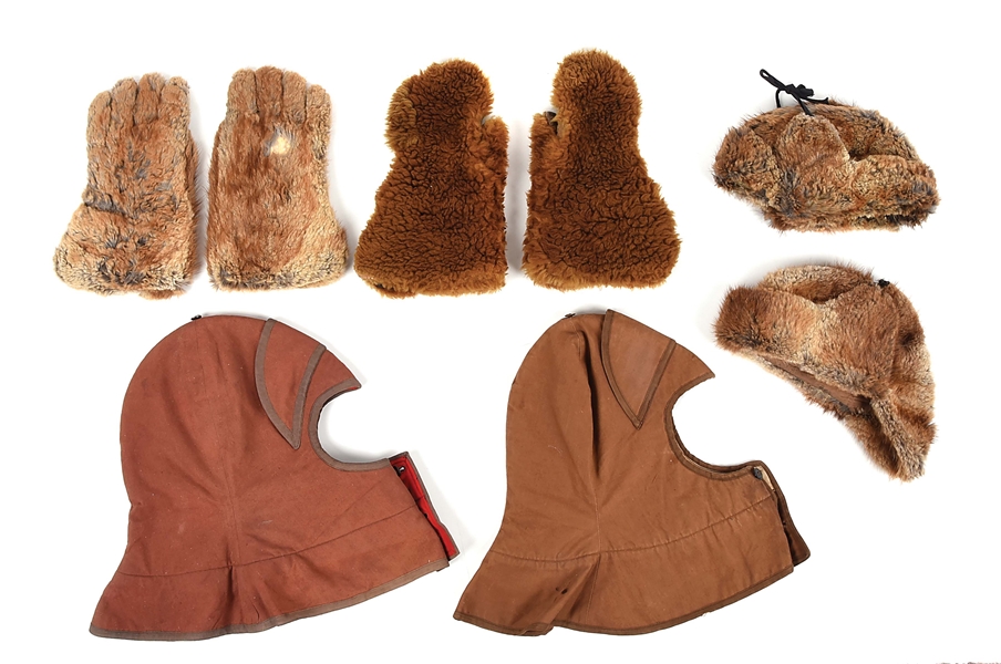 LOT OF 6: US INDIAN WARS FUR HATS, GLOVES, AND HOODS.