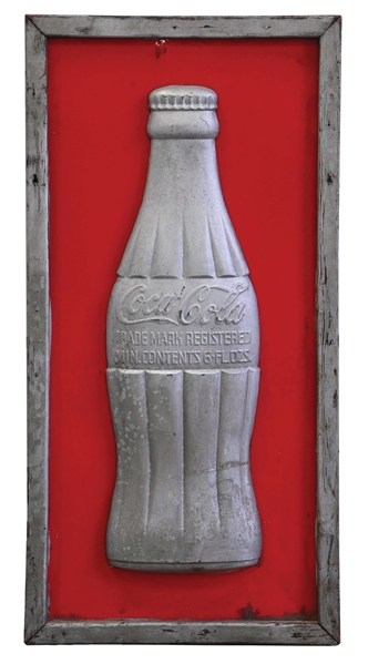 FRAMED TIN PANEL W/ COCA-COLA BOTTLE IN FULL RELIEF