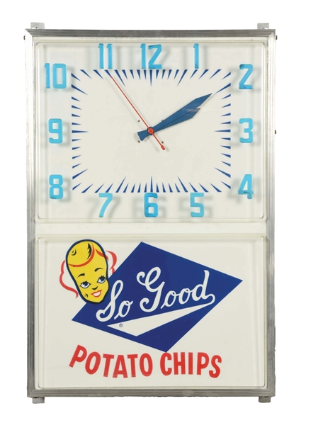 IMPERIAL MFG CO. "SO GOOD" POTATO CHIPS LIGHTED CLOCK SIGN