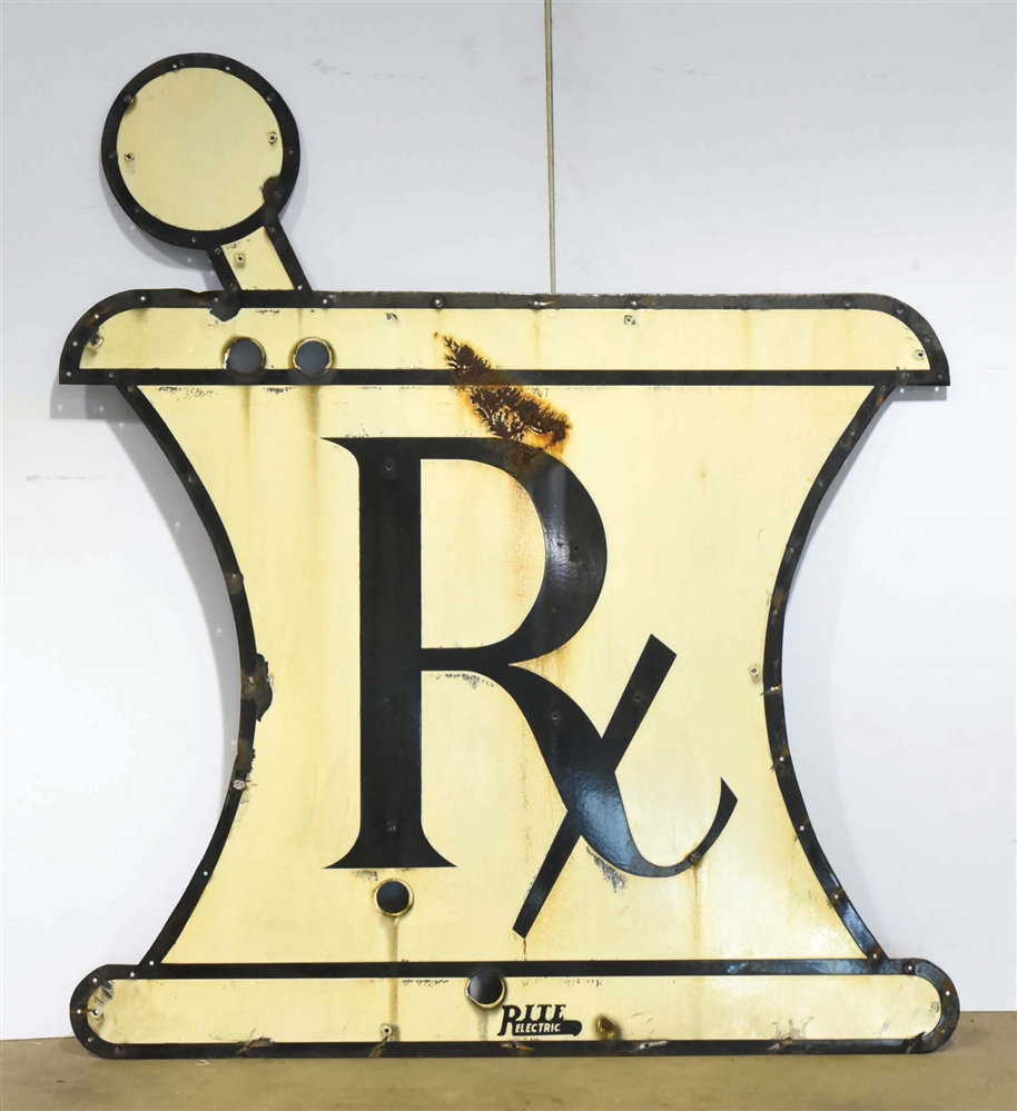 PORCELAIN ORIGINAL NEON "RX" MORTAR AND PESTLE SIGN