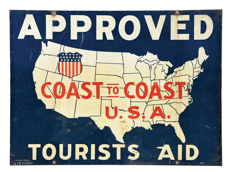 COAST TO COAST TOURIST AID TIN SIGN W/ US GRAPHIC.