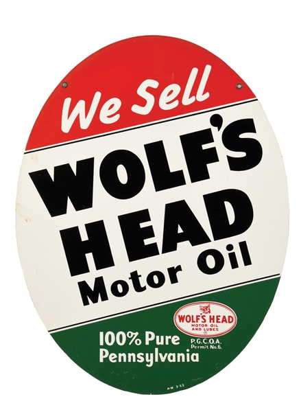 WOLFS HEAD MOTOR OIL TIN SIGN.