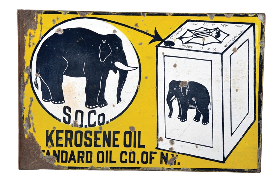 PORCELAIN SOCO KEROSENE FLANGE SIGN W/ ELEPHANT GRAPHIC. 