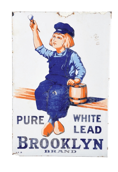 BROOKLYN BRAND PURE WHITE LEAD PAINT PORCELAIN FLANGE SIGN.