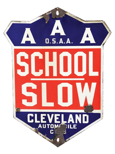 SLOW SCHOOL ZONE PORCELAIN SHIELD SIGN.