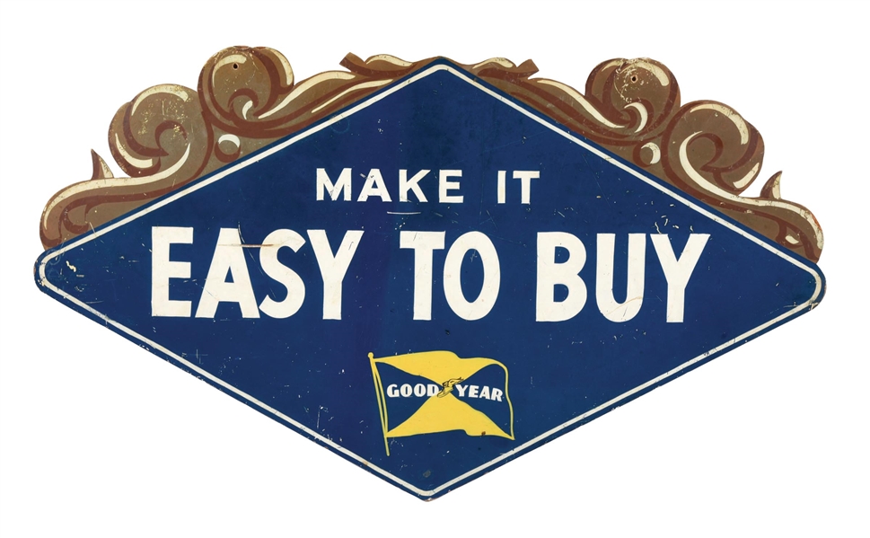 GOOD YEAR "MAKE IT EASY TO BUY" DIE-CUT WOOD SIGN.