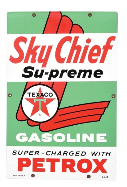 TEXACO SKY CHIEF SU-PREME GASOLINE PORCELAIN PUMP PLATE SIGN. 