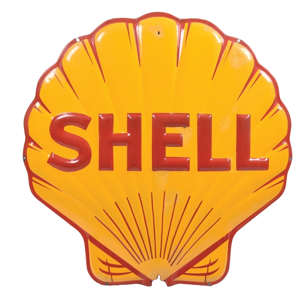 SHELL GASOLINE EMBOSSED PORCELAIN CLAM SHELL SIGN.