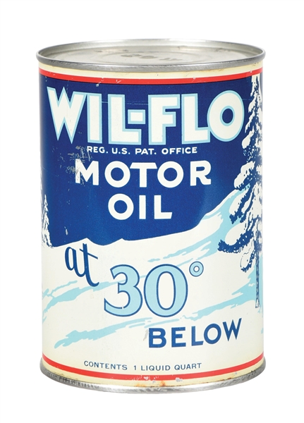 WIL-FLO MOTOR OILS ONE QUART CAN W/ CAR & TREE GRAPHIC. 