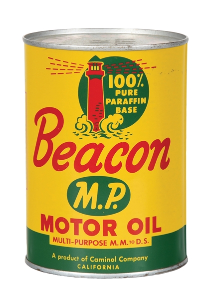 RARE BEACON "M.P" MOTOR OILS ONE QUART CAN W/ LIGHTHOUSE GRAPHIC. 