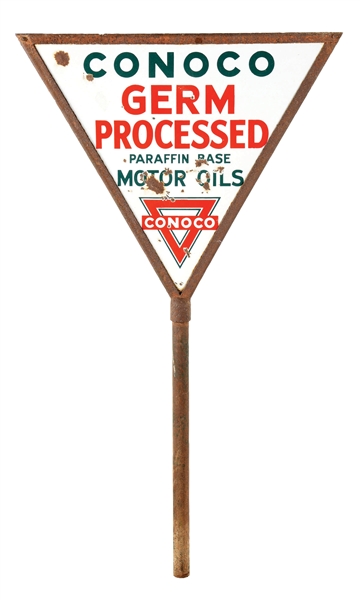 CONOCO MOTOR OILS PORCELAIN TRIANGULAR CURB SIGN.