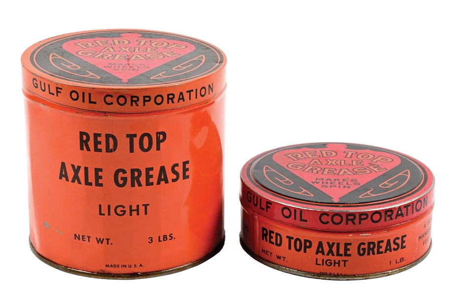 COLLECTION OF TWO: GULF OIL RED TOP AXLE ONE & THREE POUND GREASE TINS. 