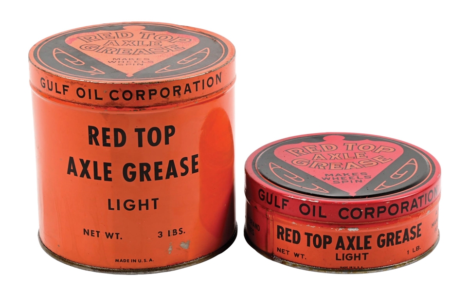 COLLECTION OF 2: GULF OIL RED TOP AXLE GREASE ONE & THREE POUND CANS. 