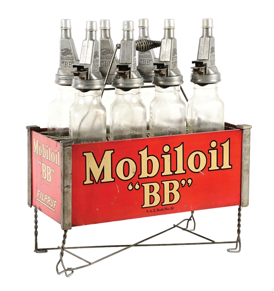 MOBILOIL "BB" MOTOR OIL BOTTLE RACK WITH MOBILOIL "FILPRUF" BOTTLES. 