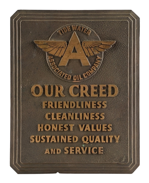 TIDE WATER ASSORTED OIL COMPANY BRASS SERVICE STATION PLAQUE SIGN.