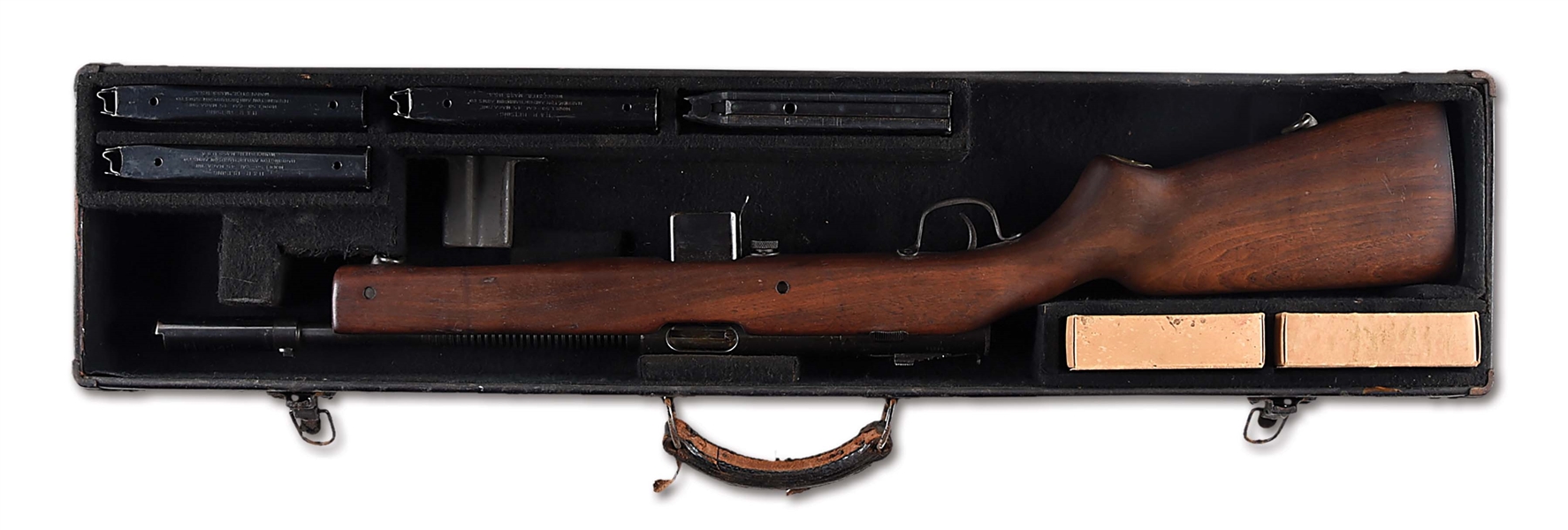 (N) LUSTROUS FINISH HARRINGTON AND RICHARDSON REISING MODEL 50 MACHINE GUN WITH ORIGINAL TRUNK CASE AND SPARE MAGAZINES (CURIO AND RELIC).