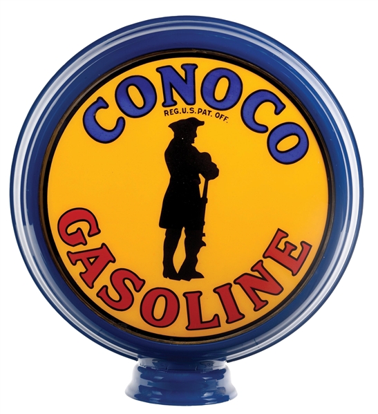 CONOCO GASOLINE 15" SINGLE GLOBE LENS W/ MINUTEMAN GRAPHIC ON METAL HIGH PROFILE BODY. 