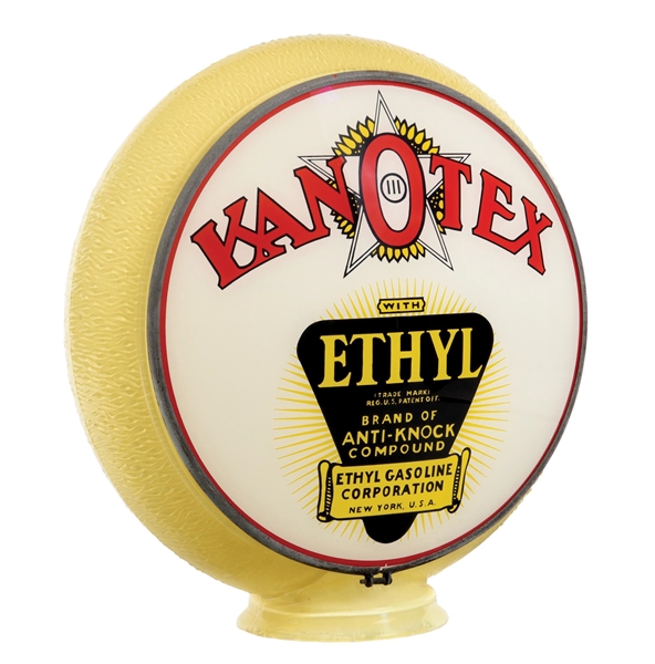 KANOTEX ETHYL GASOLINE COMPLETE 13.25" GLOBE ON ORIGINAL YELLOW RIPPLE GILLCO GLASS BODY.