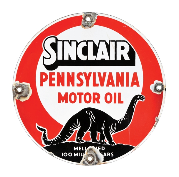 SINCLAIR PENNSYLVANIA MOTOR OIL PORCELAIN SIGN W/ DINO GRAPHIC. 