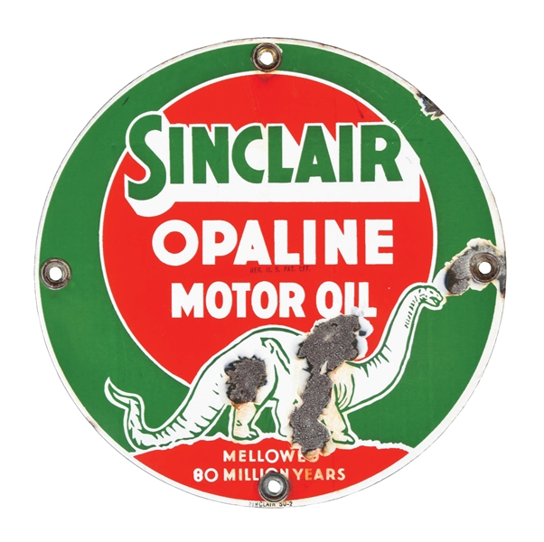 SINCLAIR OPALINE MOTOR OILS PORCELAIN SIGN W/ DINO GRAPHIC. 