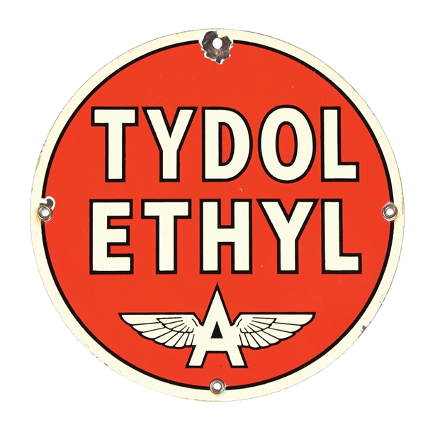 TYDOL ETHYL GASOLINE PORCELAIN PUMP PLATE SIGN W/ FLYING A GRAPHIC. 