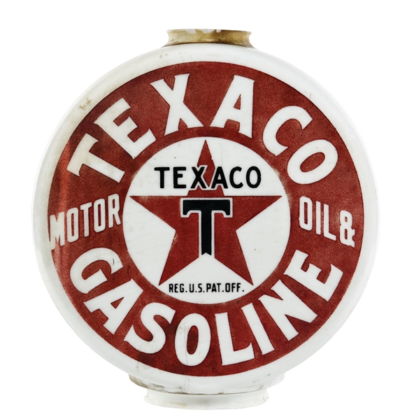 RARE TEXACO MOTOR OIL & GASOLINE ONE PIECE ETCHED CHIMNEY CAP GLOBE. 