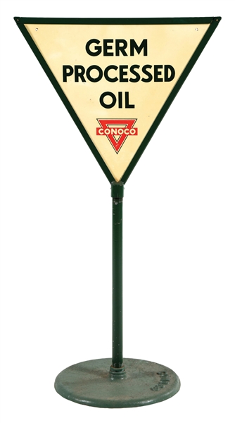 CONOCO GERM PROCESSED OIL CURB SIGN W/ CAST IRON BASE. 