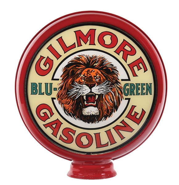 OUTSTANDING GILMORE "BLU-GREEN" GASOLINE 15" GLOBE LENS W/ LION GRAPHIC ON METAL H.P. BODY. 