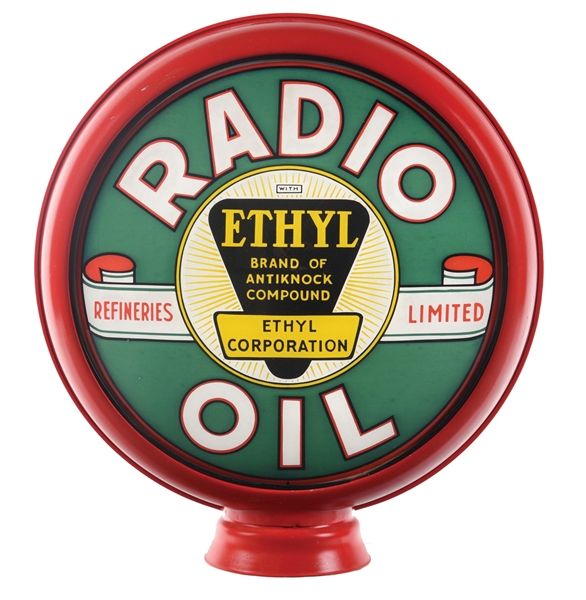 RADIO OIL SINGLE 15" GLOBE LENS W/ ETHYL BURST GRAPHIC ON METAL HIGH PROFILE BODY. 