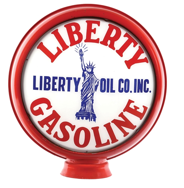 LIBERTY GASOLINE 15" SINGLE GLOBE LENS W/ STATUE OF LIBERTY GRAPHIC ON METAL H.P. BODY.