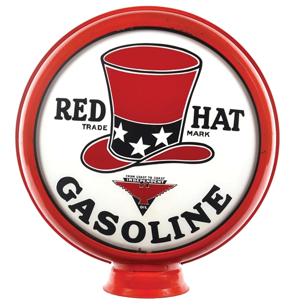 RED HAT GASOLINE SINGLE 15" GLOBE LENS W/ HAT & THUNDERBIRD GRAPHIC ON METAL HIGH PROFILE BODY. 