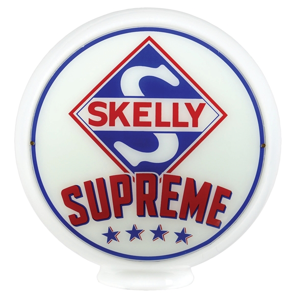 SKELLY GASOLINE COMPLETE 13.5" GLOBE ON WIDE MILK GLASS BODY.