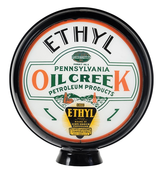 OIL CREEK ETHYL GASOLINE 15" SINGLE GLOBE LENS W/ OIL FIELD GRAPHIC ON METAL HIGH PROFILE BODY. 