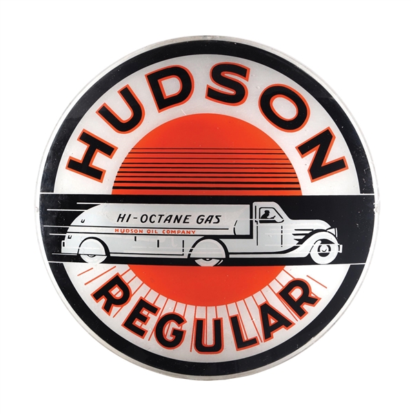 HUDSON REGULAR GASOLINE SINGLE 13.5" GLOBE LENS W/ TANKER TRUCK GRAPHIC.