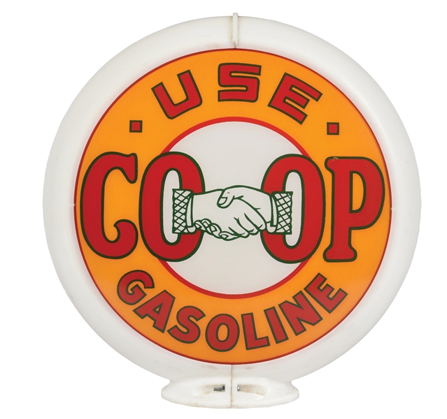 USE CO-OP GASOLINE SINGLE 13.5" GLOBE LENS W/ HAND SHAKING GRAPHIC ON CAPCO BODY.