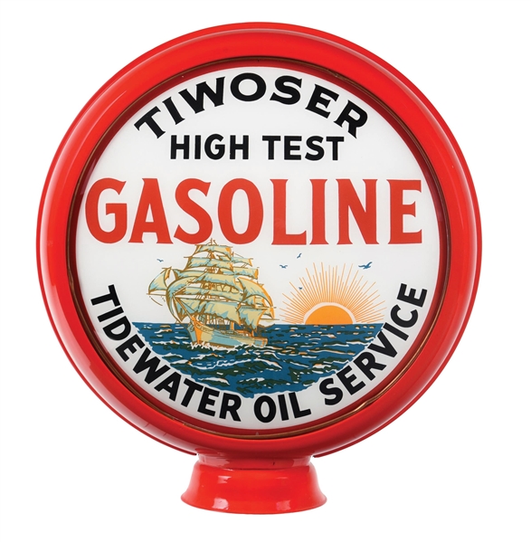 TIWOSER HIGH TEST GASOLINE 15" SINGLE GLOBE LENS W/ SHIP GRAPHIC ON METAL HIGH PROFILE BODY. 