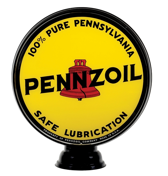 PENNZOIL "SAFE LUBRICATION" MOTOR OIL 15" GLOBE LENS W/ BELL GRAPHIC ON LOW PROFILE METAL BODY.