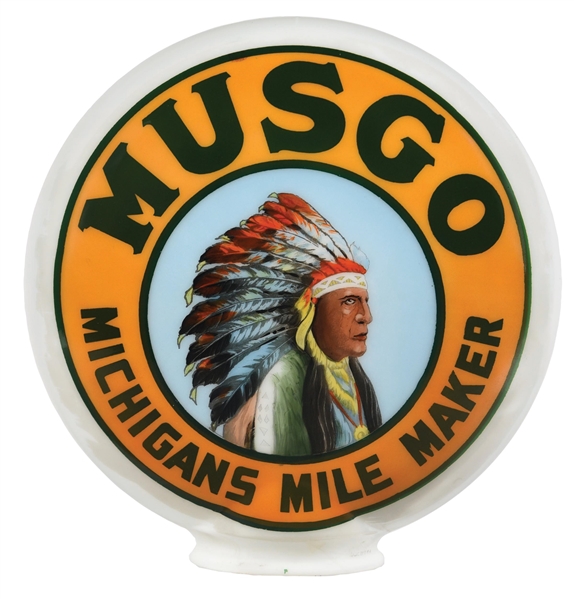 OUTSTANDING & ICONIC MUSGO GASOLINE ONE PIECE BAKED GLOBE W/ NATIVE AMERICAN GRAPHIC.