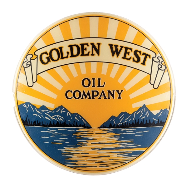 SCARCE GOLDEN WEST OIL COMPANY 13.5" GLOBE LENS W/ MOUNTAIN SCENE GRAPHIC.