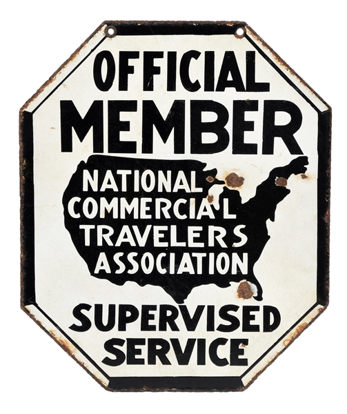 DOUBLE-SIDED PORCELAIN SIGN ADVERTISING NATIONAL COMMERCIAL TRAVELERS ASSOCIATION