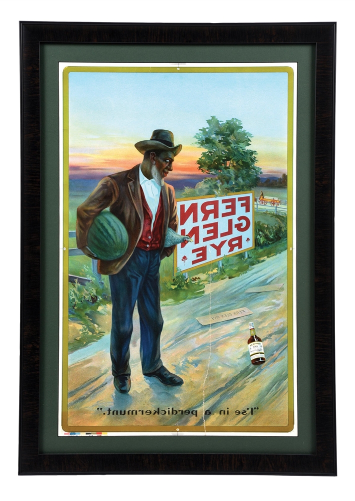 PAPER "FERN GLEN RYE" WHISKEY SIGN W/ MAN GRAPHIC