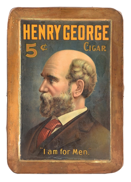 TIN HENRY GEORGE CIGARS "I AM FOR MEN" SIGN W/ MAN GRAPHIC